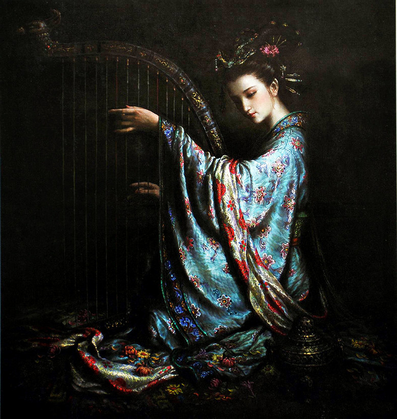 中式古典美女弹琵琶油画装饰画