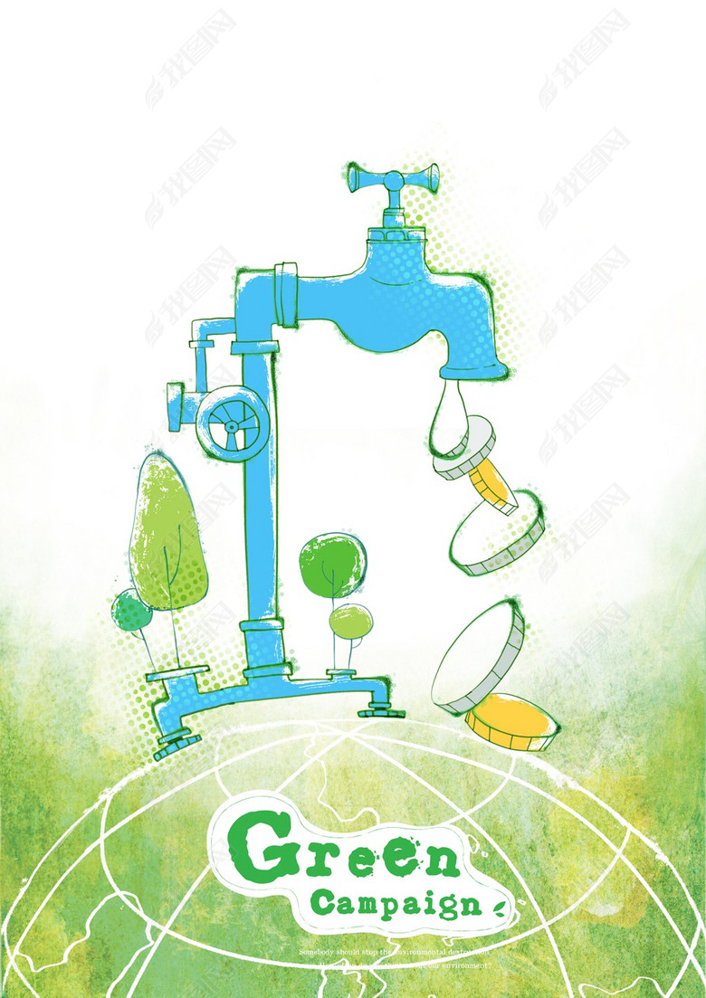 节水水龙头水滴绿色环保图标背景设计(图片编