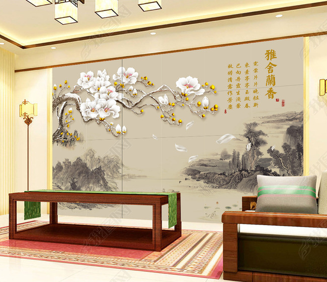 原创玉兰花雅舍兰香中式电视背景墙壁画版权可商用
