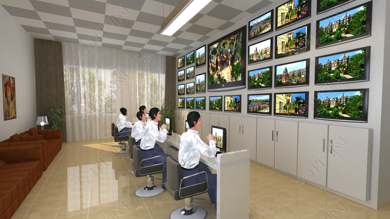 保安监控室多屏幕场景材质灯光3dmax(图片编