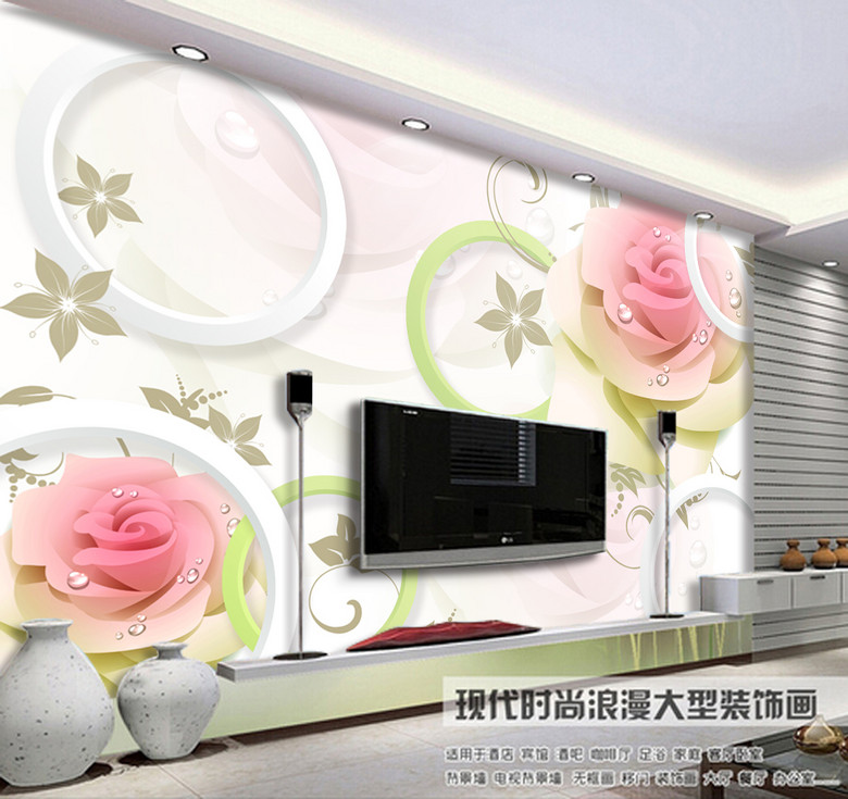 3D立体圆圈手绘玫瑰花水珠背景墙下载