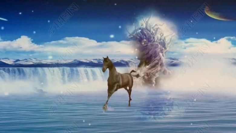 银河奔马唯美大气黑马奔跑冰湖上视频素材(图