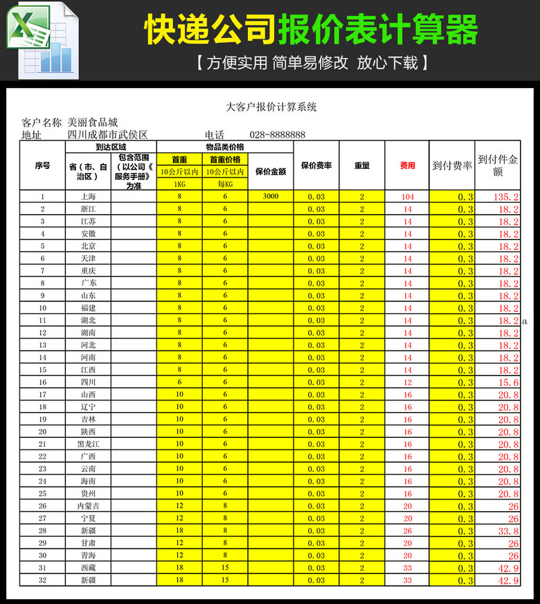 快递公司报价表计算器模板(图片编号:1478970