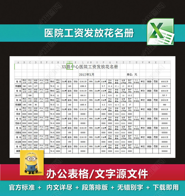 医院工资发放花名册工资明细表图片下载xls素