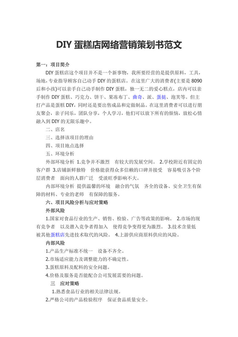 DIY蛋糕店网络营销策划书范文
