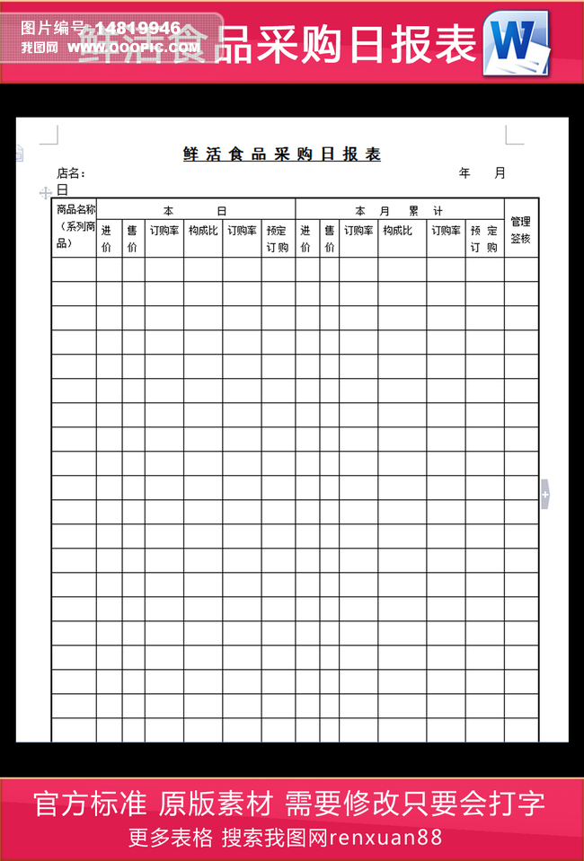 鲜活食品采购日报表
