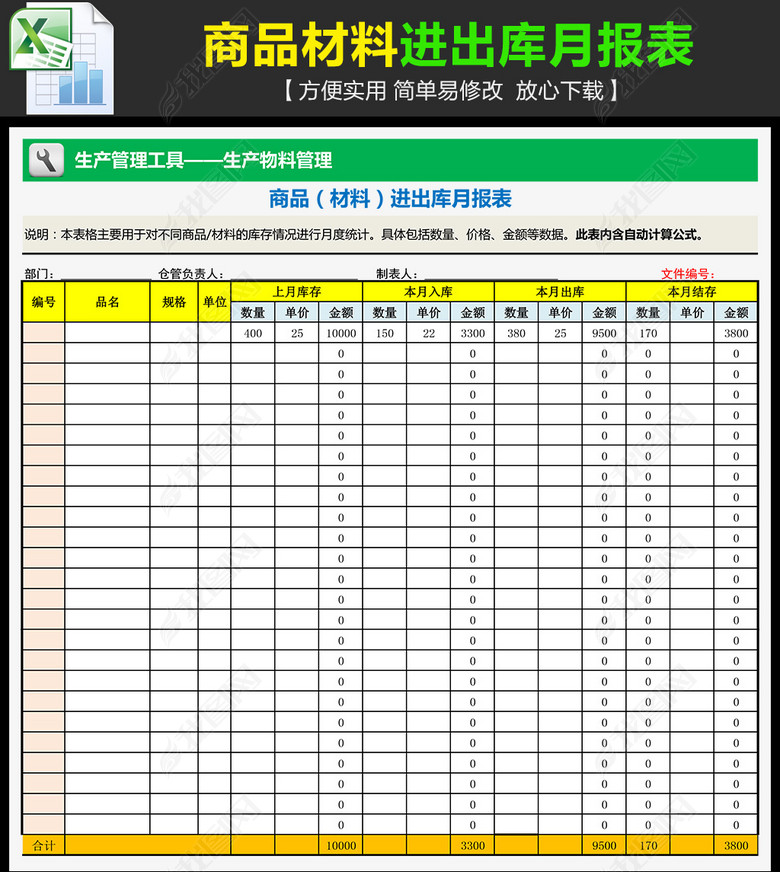 仓库商品材料进出库月报表图片下载xlsx素材-库存表