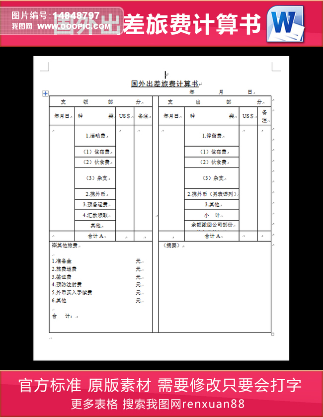 国外出差旅费计算书
