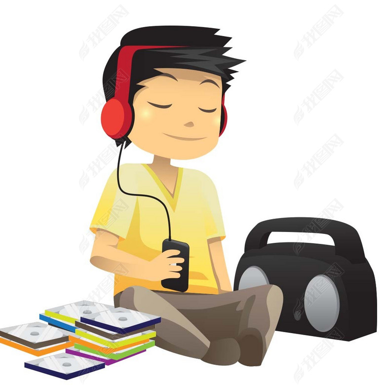 卡通带耳机听音乐的小男孩(图片编号:1486658