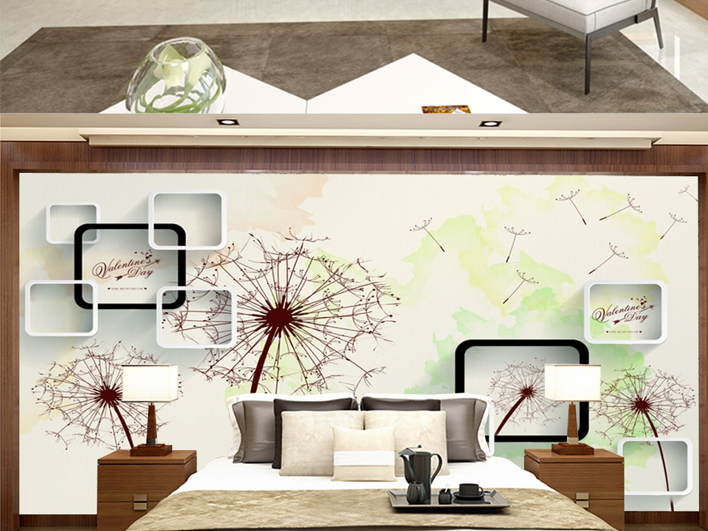 3D手绘蒲公英室内背景墙壁画图片设计素材_高