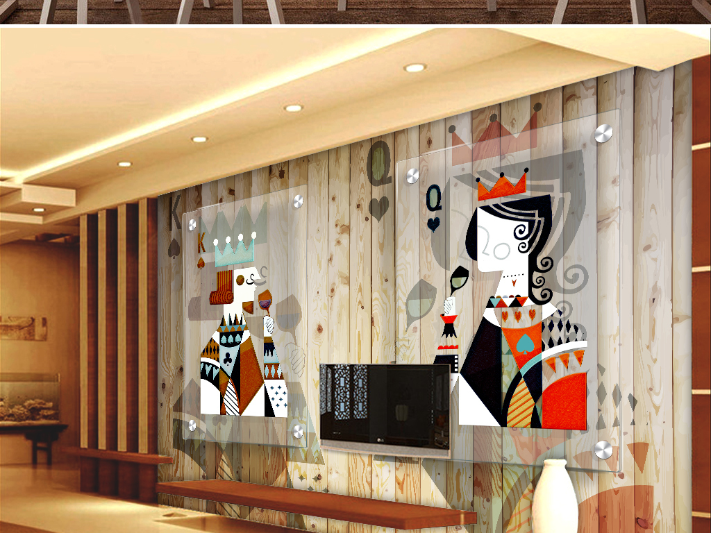 3D扑克国王王后田园风格立体壁画背景墙