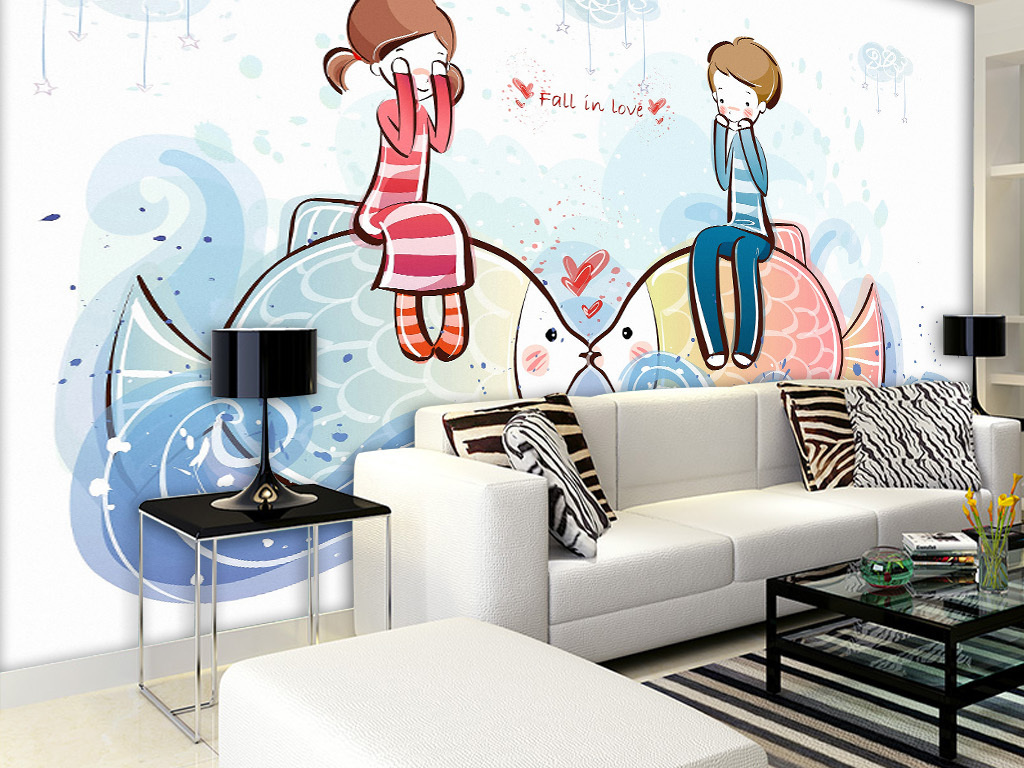 可爱卡哇伊接吻鱼情侣小清新婚房手绘.图片设