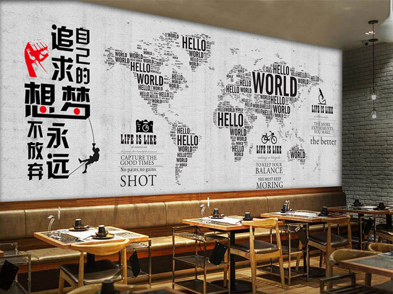 欧美工业风手绘世界地图励志标语酒标咖啡店背