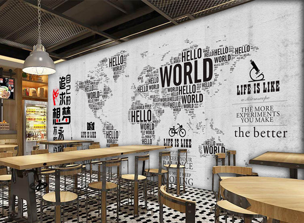 欧美工业风手绘世界地图励志标语酒标咖啡店背