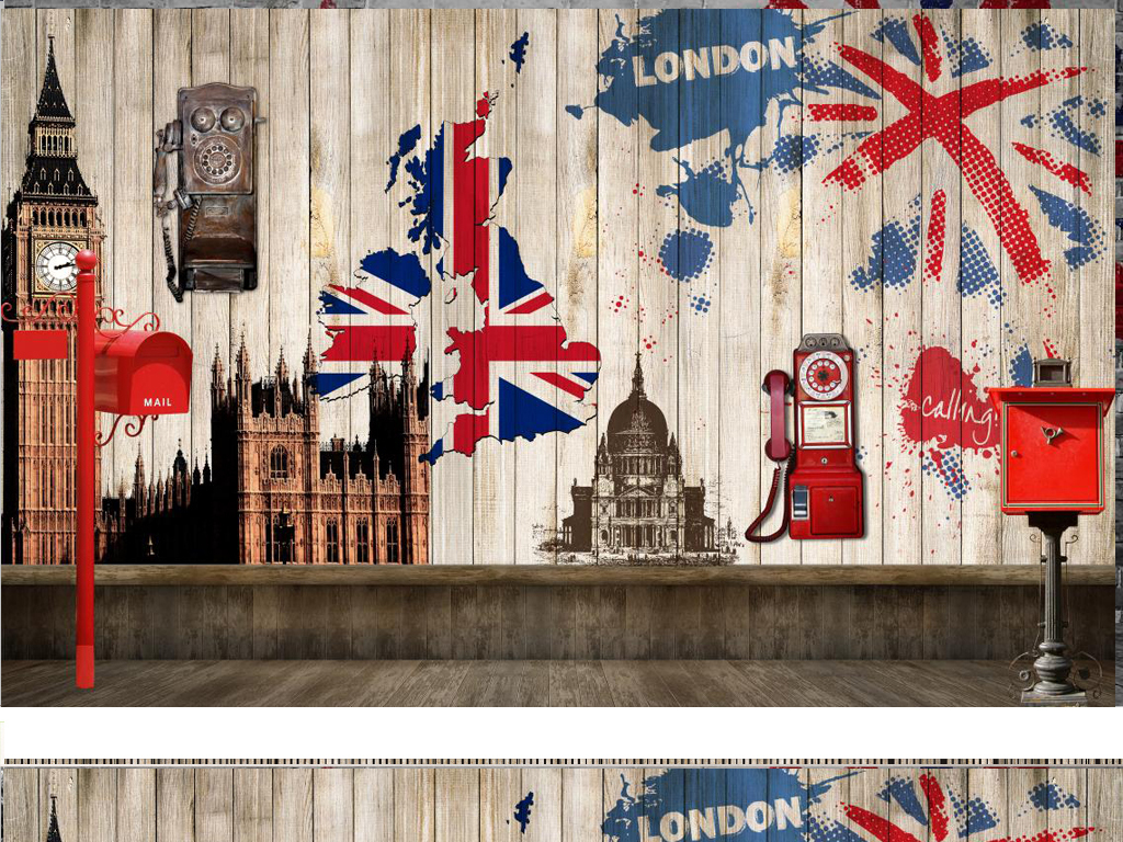 复古怀旧英国国旗城堡英伦风电视背景墙