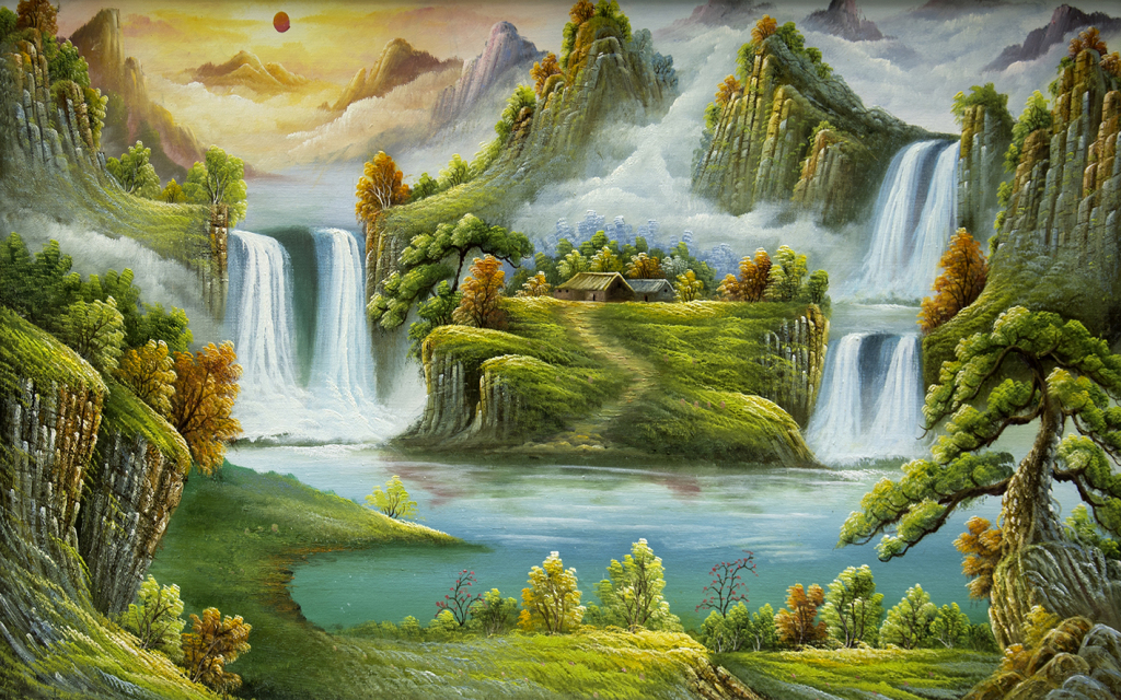 油画山水瀑布聚宝盆电视背景墙图片