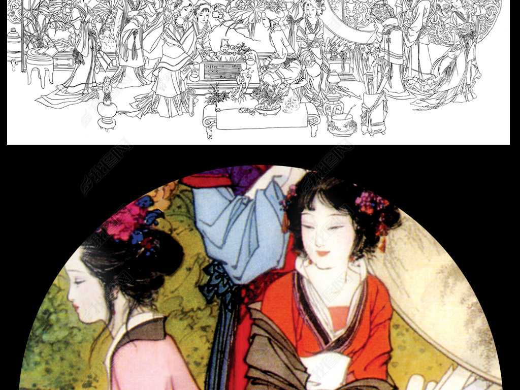 原创十二金钗图高清琴棋书画群芳图高清白描稿版权可商用