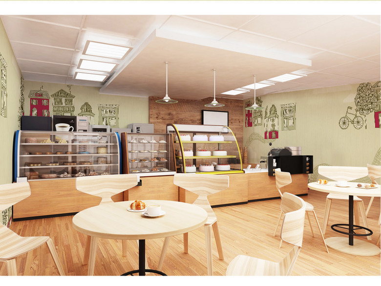 清新手绘卡通场景咖啡屋蛋糕店壁画背景墙(图