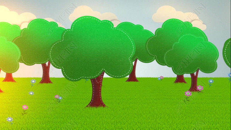 卡通绿树绿草地鸟语花香卡通儿童花朵开花(图