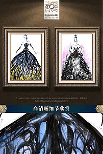黑色线条勾勒抽象晚礼服裙子美女服装店油画图