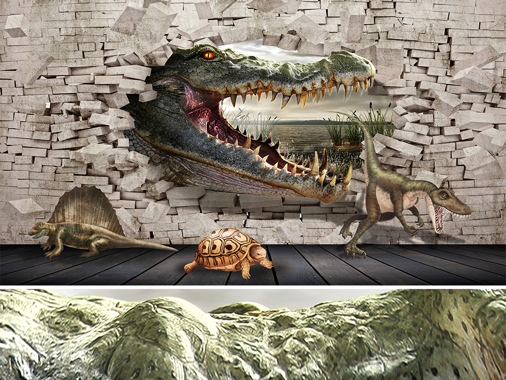 【本作品下载内容为:"鳄鱼恐龙乌龟3D立体画背景墙壁画"模板,其他内容仅为参考,如需印刷成实物请先认真校稿,避免造成不必要的经济损失。】 【声明】未经权利人许可,任何人不得随意使用本网站的原创作品(含预览图),否则将按照我国著作权法的相关规定被要求承担最高达50万元人民币的赔偿责任。