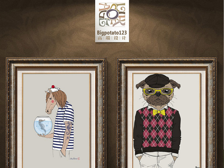 可爱卡通穿衣服狗和马和鸭子拟人化动物油画(