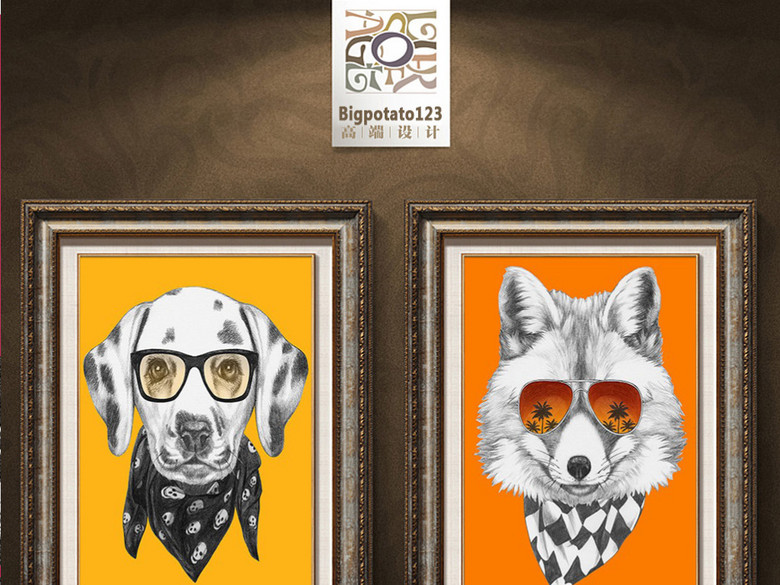 系围巾的斑点狗狐狸黑猩猩柴犬动物油画(图片