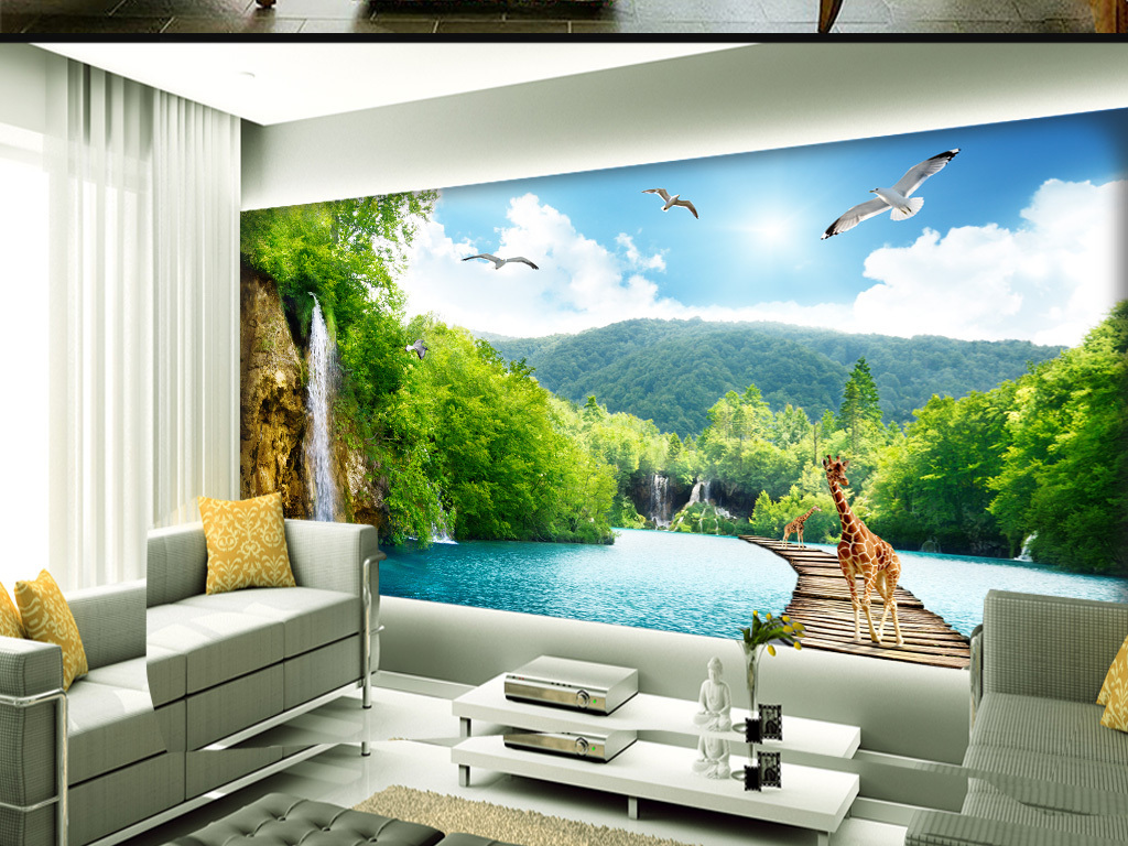 山水瀑布木桥3d风景背景墙背景画
