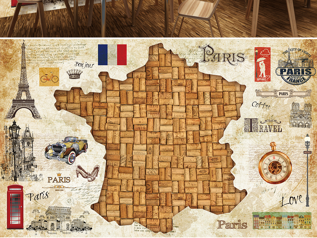 法国风情复古地图红酒橡木塞餐厅酒吧背景墙