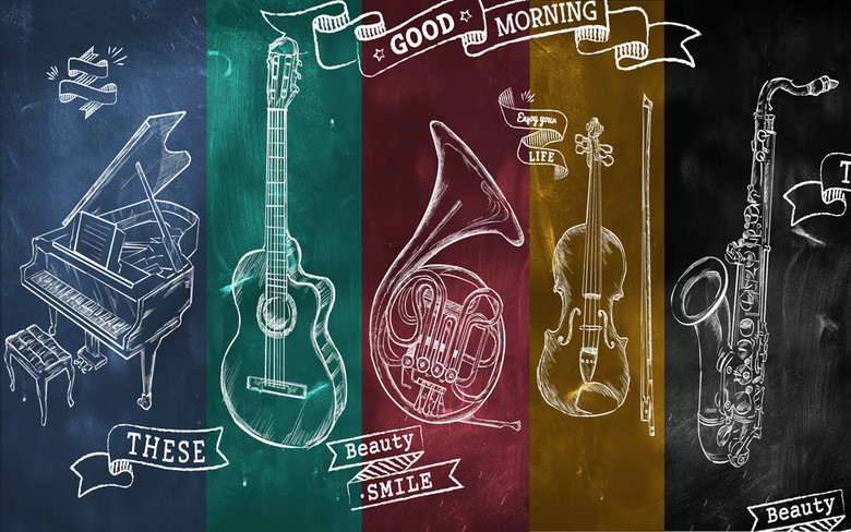 手绘黑板画乐器英文字母背景墙图片(图片编号