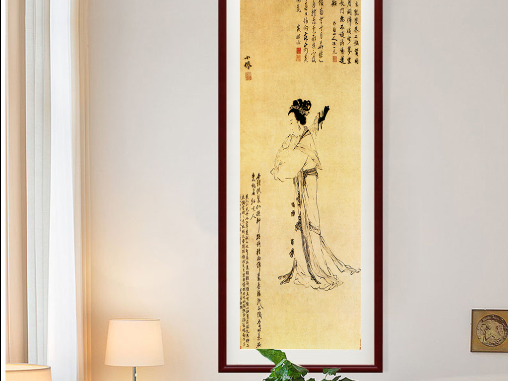 古典仕女抱琵琶图装饰画无框画