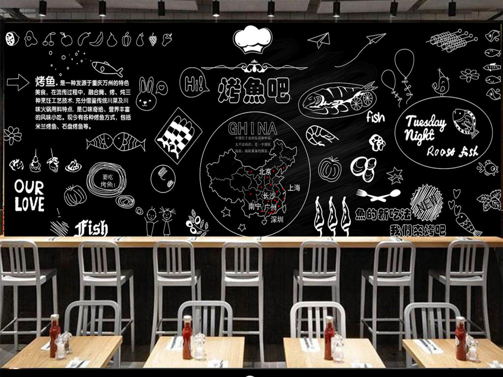 手绘鱼家装工装壁画壁纸欧式复古酒吧餐厅咖啡店甜品店餐厅黑板烤鱼