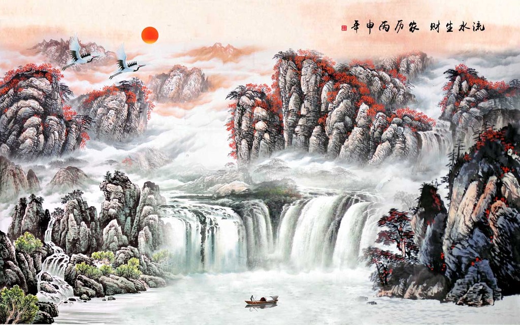 流水生财山水画山水风景画