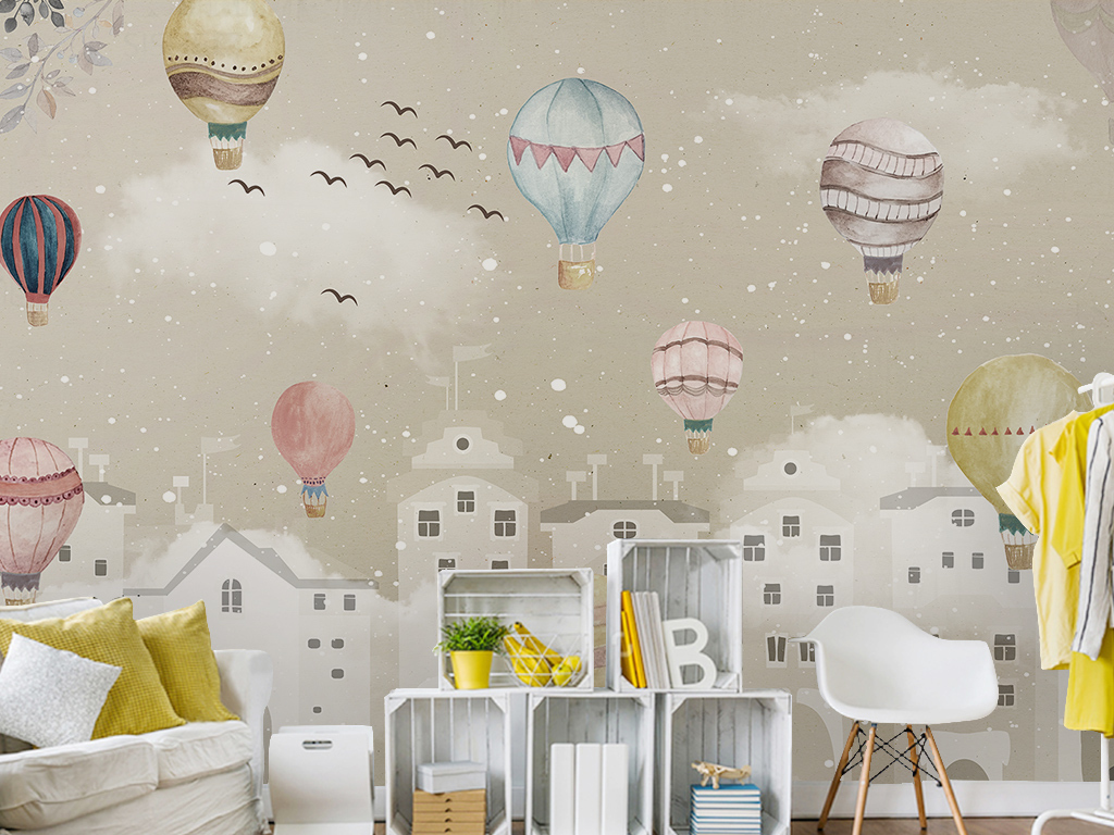 城市建筑社区雪花热气球飞鸟素雅儿童背景墙