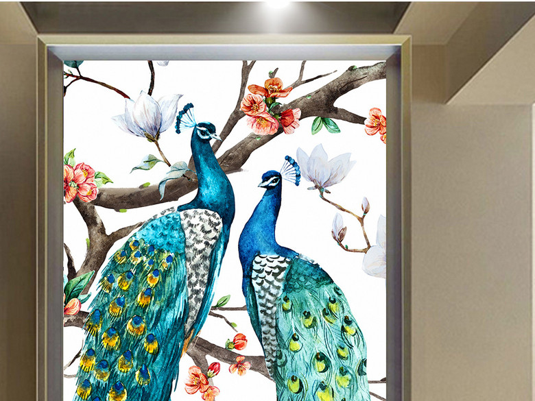 手绘水彩玉兰花孔雀玄关(图片编号:15577114