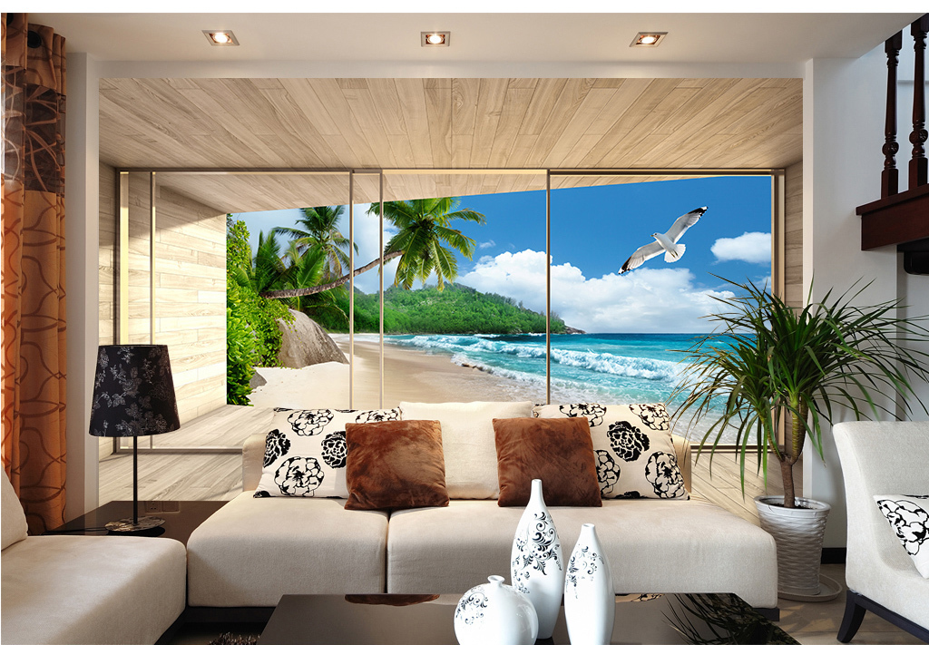 别墅海景房3D风景背景墙壁画