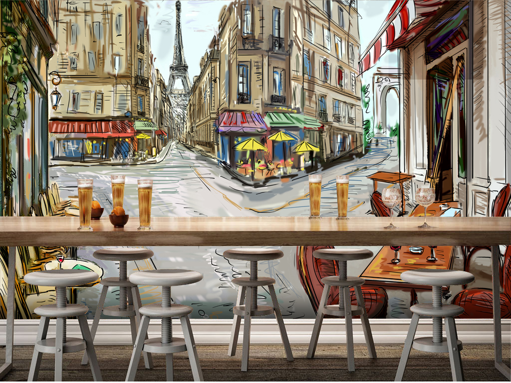 手绘欧美街景大型壁画