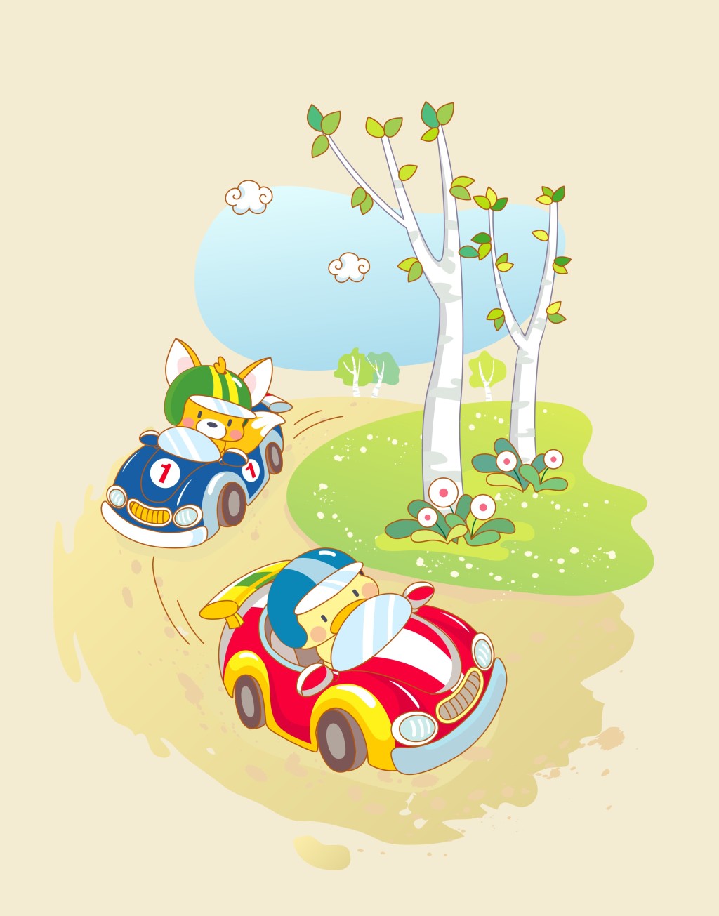 卡通动物矢量图赛车场景画跑车树木图片设计素