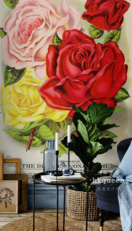 欧式英文底纹复古玫瑰花卉油画玄关过道