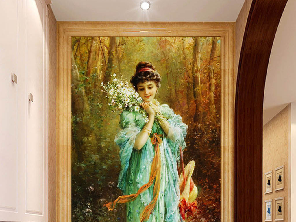 欧式花园少女玄关壁画