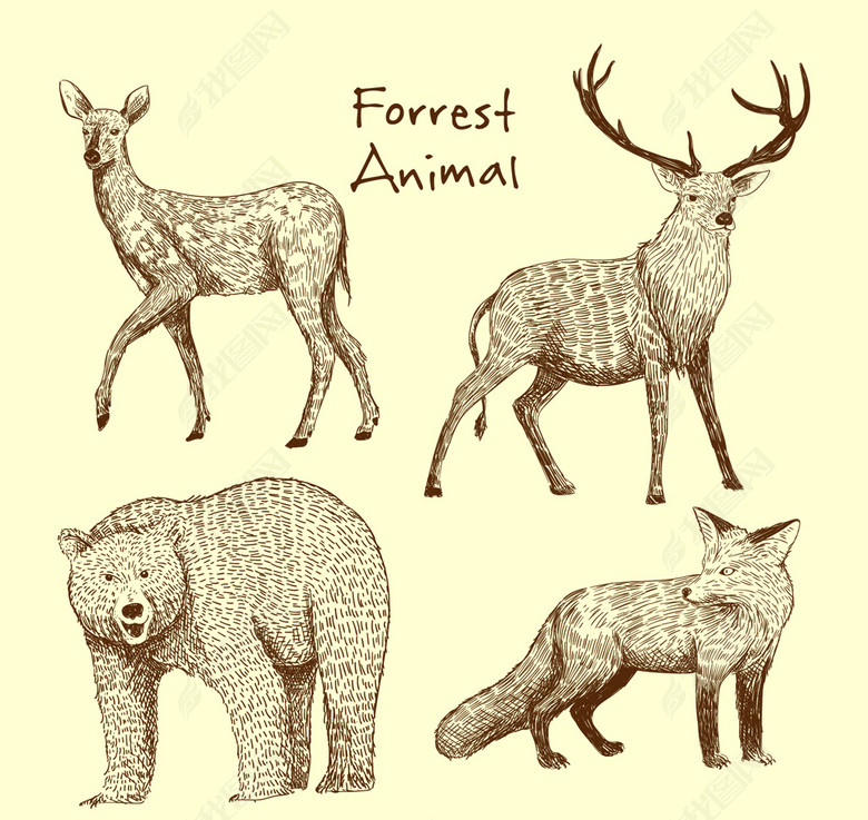 鹿狼熊剪影素材图标素描(图片编号:15752899