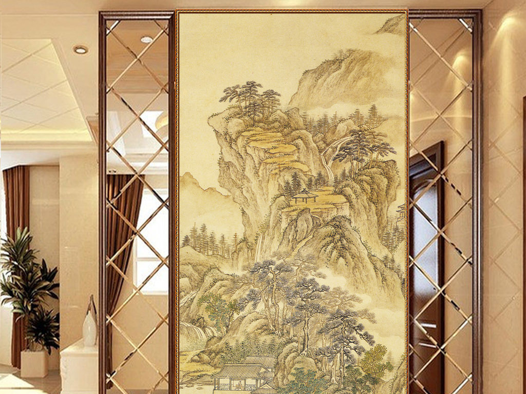原创中式流水人家山水玄关壁画