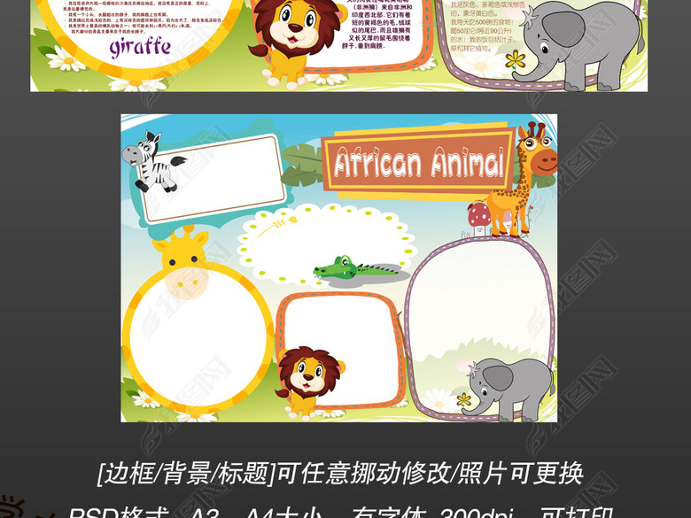 模板电子手抄报非洲动物英语英文小报图片下载