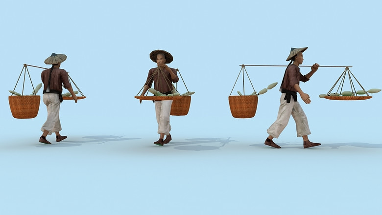3d古代挑货小贩模型动画