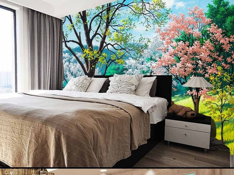 手绘浪漫樱花自然风景小路简约背景墙装饰画(