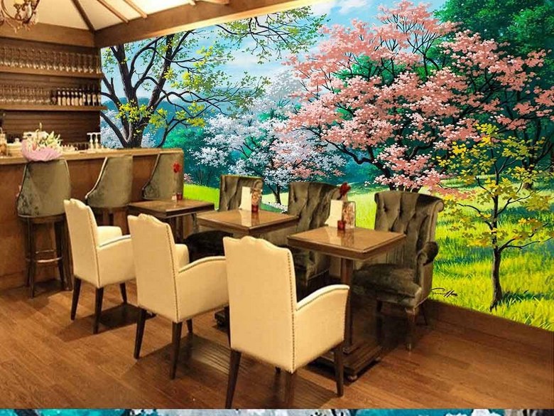 手绘浪漫樱花自然风景小路简约背景墙装饰画(
