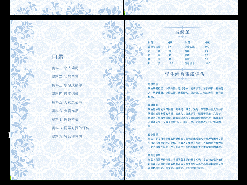 A4版欧式小升初个人成长档案简历设计模板