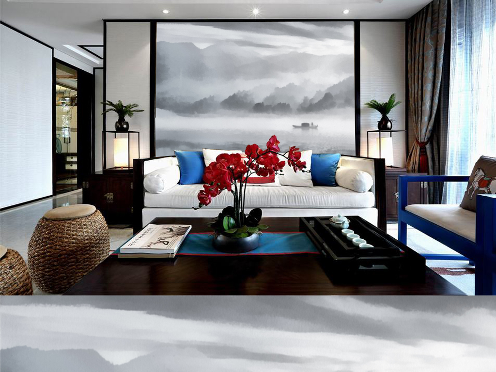 新中式黑白写意水墨山水背景墙