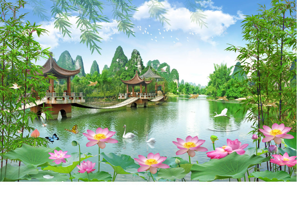 山清水秀桂林山水风景画电视背景墙