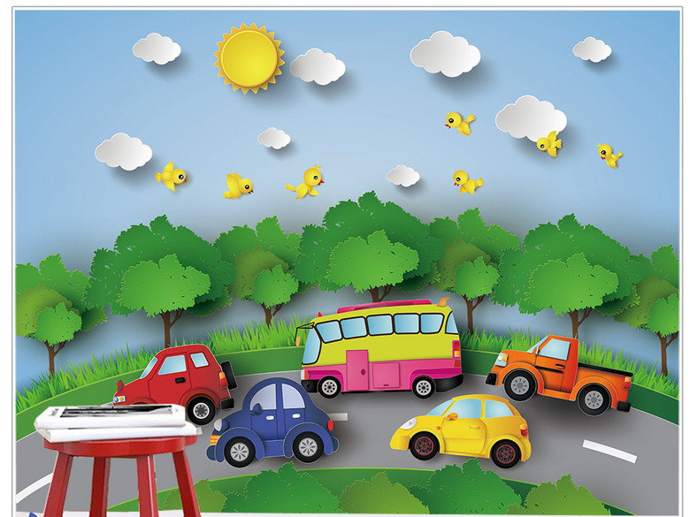 3D卡通汽车马路儿童房幼儿园乐园背景墙(图片